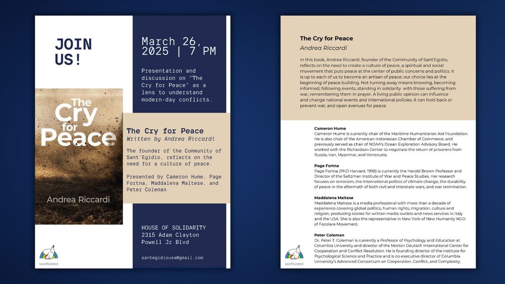 On Wednesday, March 26, at 7:00 PM in New York, presentation and discussion on 'The Cry for Peace,' a book by Andrea Riccardi, as a lens to understand modern-day conflicts